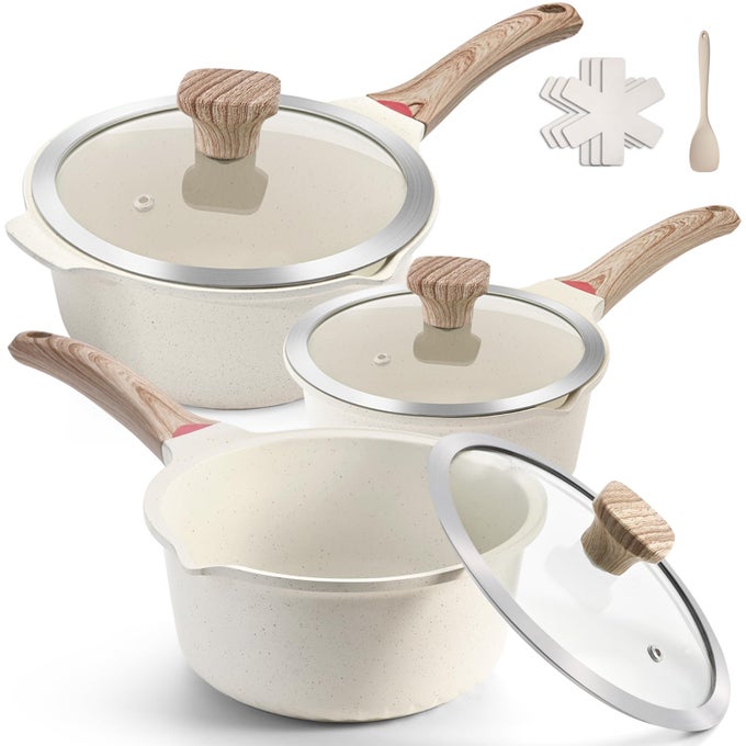 SAUCE PAN SET WITH LID 10PCS 3 WHITE NON STICK COOKING POTS INDUCTION POT SETS SAUCEPAN SET WITH SILICONE TOOLS AND POT PROTECTORS PFAS AND PFOA FREE 2QT3QT4QT