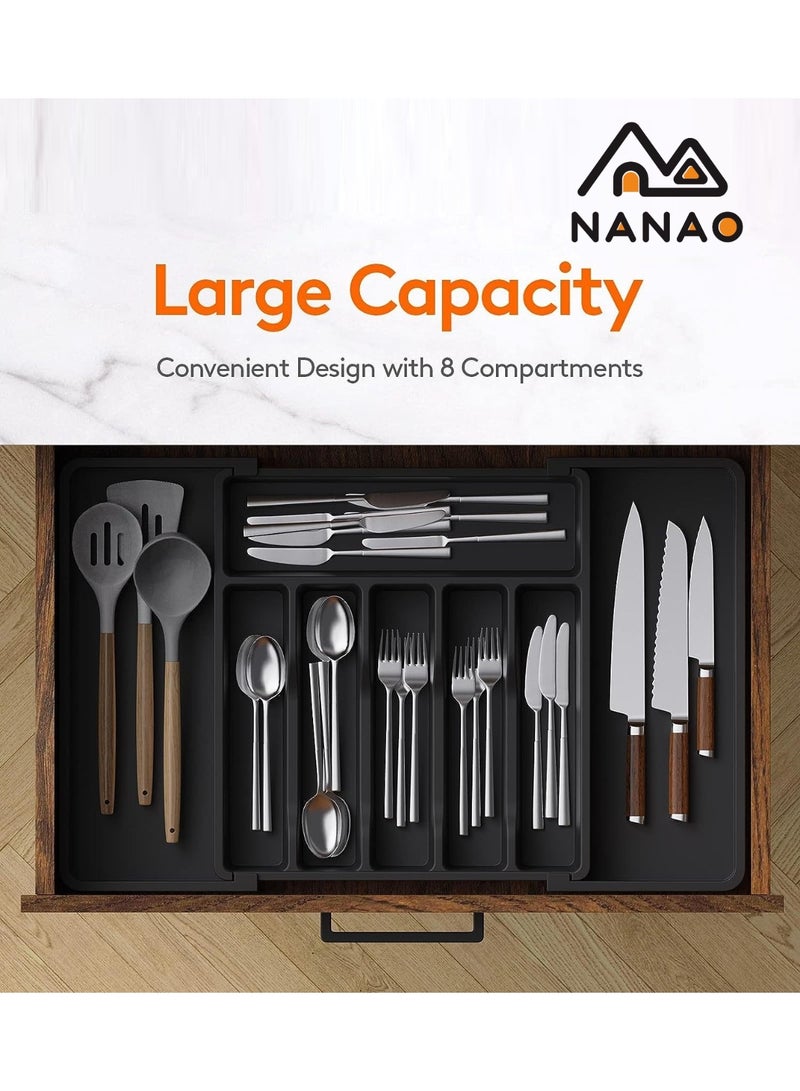 ناناو منظّم أدراج الفضيات منظم درج المطبخ منظم الأواني الفضية القابل للتوسيع والضبط -حامل الأواني ودرج أدوات المائدة المزود بفرقي الأدراج المسطحة وأواني المطبخ (أسود) - Image 3