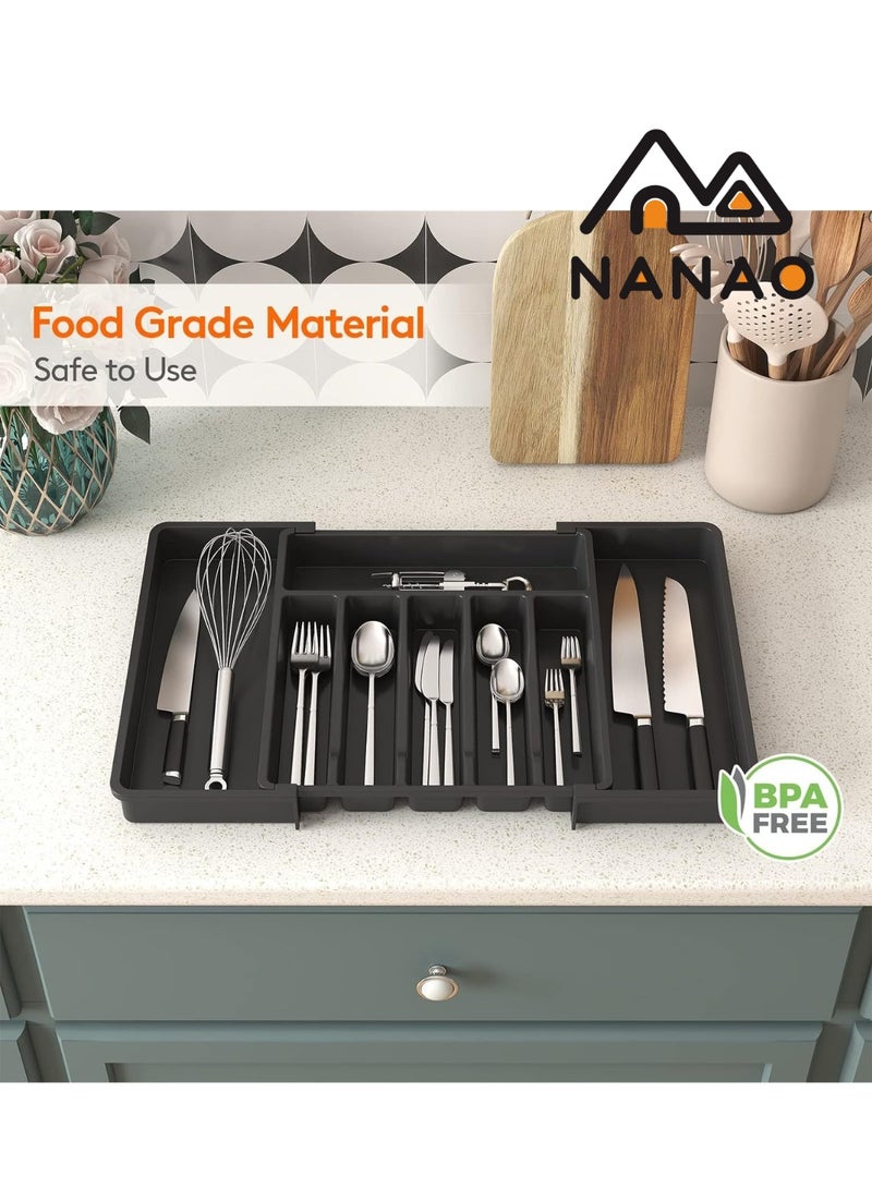 ناناو منظّم أدراج الفضيات منظم درج المطبخ منظم الأواني الفضية القابل للتوسيع والضبط -حامل الأواني ودرج أدوات المائدة المزود بفرقي الأدراج المسطحة وأواني المطبخ (أسود) - Image 2