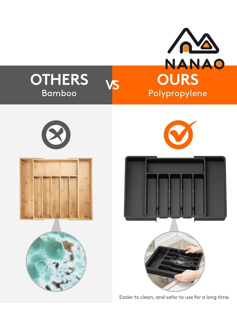 ناناو منظّم أدراج الفضيات منظم درج المطبخ منظم الأواني الفضية القابل للتوسيع والضبط -حامل الأواني ودرج أدوات المائدة المزود بفرقي الأدراج المسطحة وأواني المطبخ (أسود) - Image 5