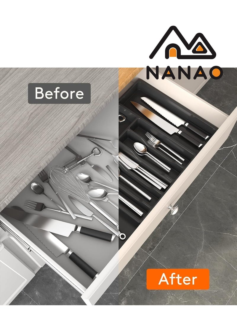 ناناو منظّم أدراج الفضيات منظم درج المطبخ منظم الأواني الفضية القابل للتوسيع والضبط -حامل الأواني ودرج أدوات المائدة المزود بفرقي الأدراج المسطحة وأواني المطبخ (أسود) - Image 4
