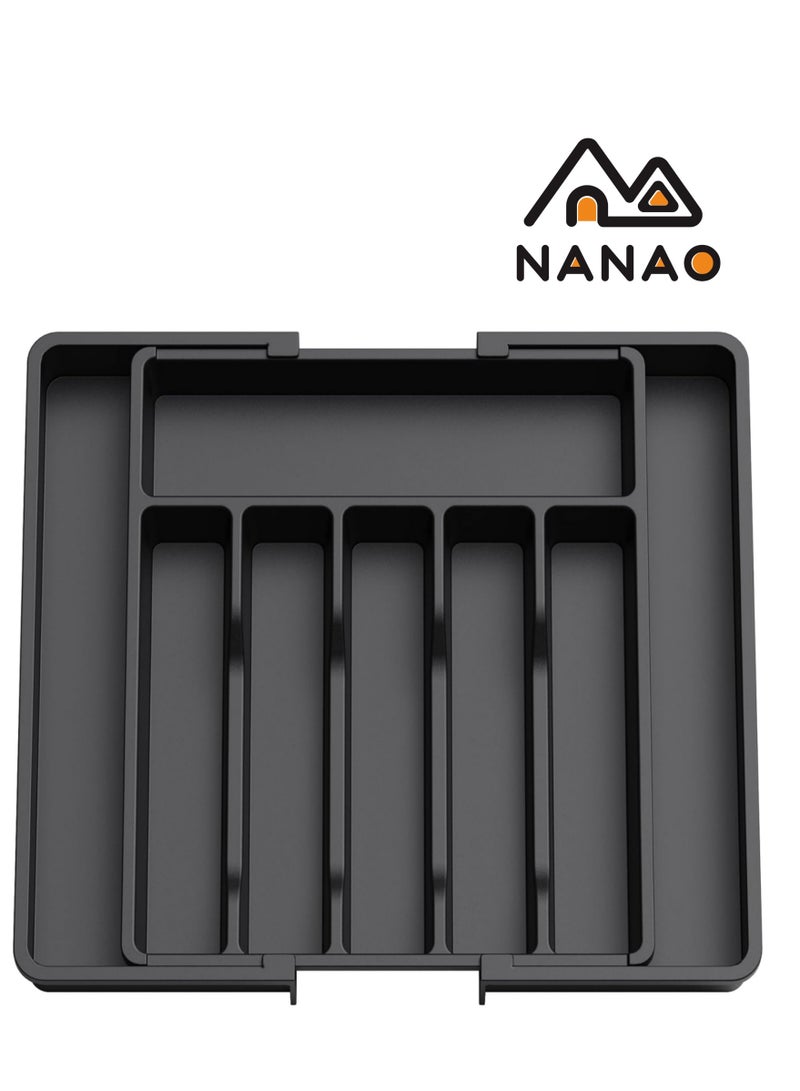 ناناو منظّم أدراج الفضيات منظم درج المطبخ منظم الأواني الفضية القابل للتوسيع والضبط -حامل الأواني ودرج أدوات المائدة المزود بفرقي الأدراج المسطحة وأواني المطبخ (أسود) - Image 1