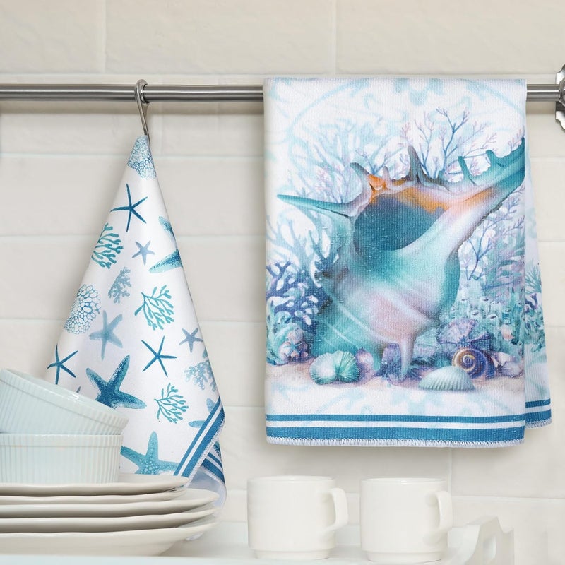 Boyiee Set of 6 Beach Kitchen Towels Coastal Ocean Dish Towels Sea Nautical Tea Towels Absorbent 24 x 16 Inches Shell Coral Starfish Hand Towels Summer Gifts for Farmhouse Kitchen Bathroom Decorations - Image 3