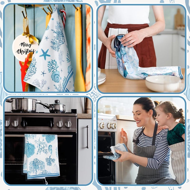 Boyiee Set of 6 Beach Kitchen Towels Coastal Ocean Dish Towels Sea Nautical Tea Towels Absorbent 24 x 16 Inches Shell Coral Starfish Hand Towels Summer Gifts for Farmhouse Kitchen Bathroom Decorations - Image 5