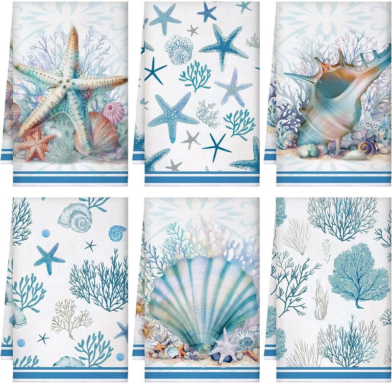 Boyiee Set of 6 Beach Kitchen Towels Coastal Ocean Dish Towels Sea Nautical Tea Towels Absorbent 24 x 16 Inches Shell Coral Starfish Hand Towels Summer Gifts for Farmhouse Kitchen Bathroom Decorations - Image 1