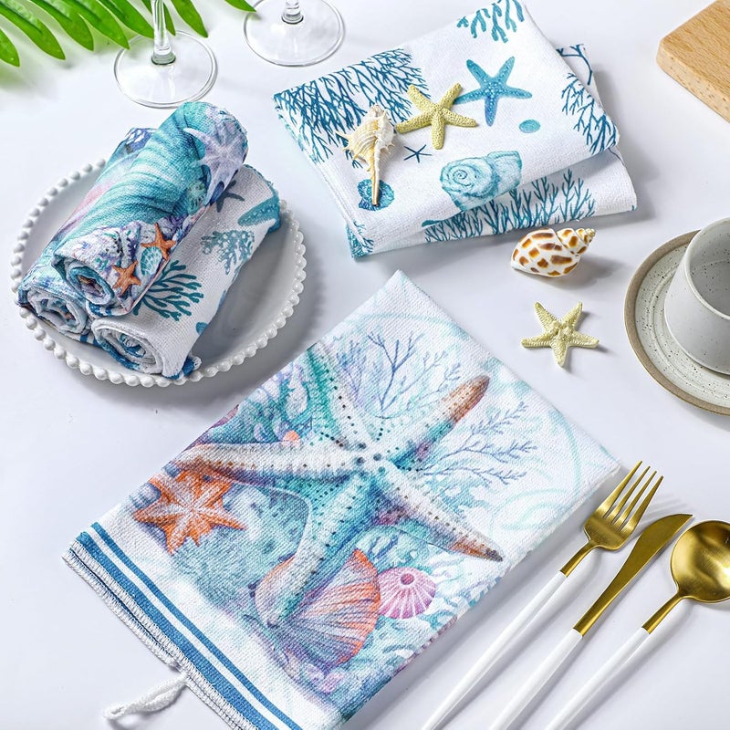 Boyiee Set of 6 Beach Kitchen Towels Coastal Ocean Dish Towels Sea Nautical Tea Towels Absorbent 24 x 16 Inches Shell Coral Starfish Hand Towels Summer Gifts for Farmhouse Kitchen Bathroom Decorations - Image 2
