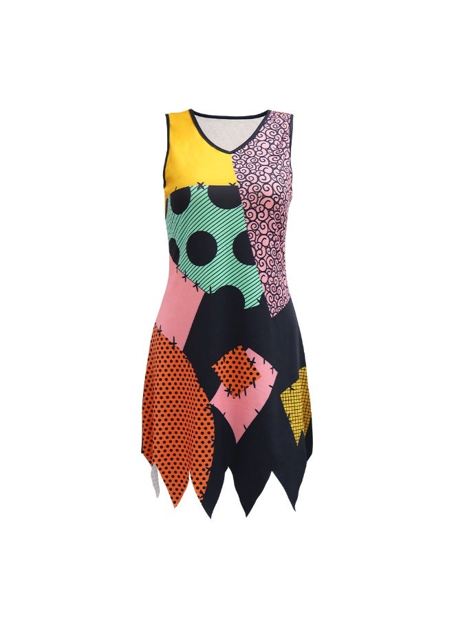 NIBEMINENT Halloween costume printed dress, dark style cosplay Christmas Nightmare Sally role-playing dress, dress girl - Image 1