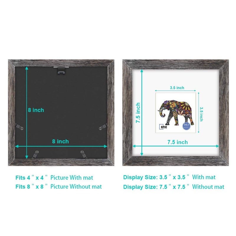 RPJC 8x8 inch Soild Wood Picture Frame with High Definition Glass Display Pictures 4x4 with Mat or 8x8 Without Mat for Wall Mounting Hanging Photo Frame Driftwood Finish - Image 5