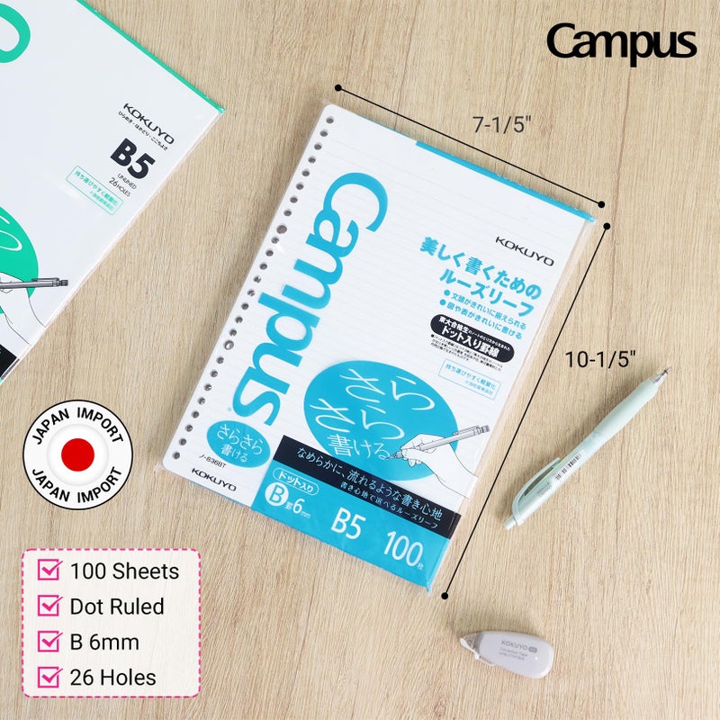 Kokuyo Campus Loose Leaf Paper for Binders, Sarasara Smooth Writing, B5, B 6mm Dotted Ruled, 26 Holes, 36 Lines, 100 Sheets, pH Neutral, Bleed Resistant, 75gsm, Pack of 3, Japan Import (NO-836BTN) - Image 2