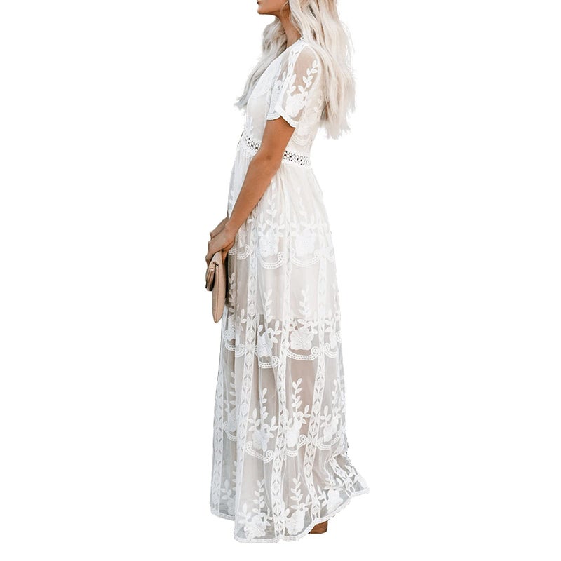 amropi Womens Deep V Neck Short Sleeve Floral Lace Dress Long Bridesmaid Maxi Dresses White,XL - Image 2