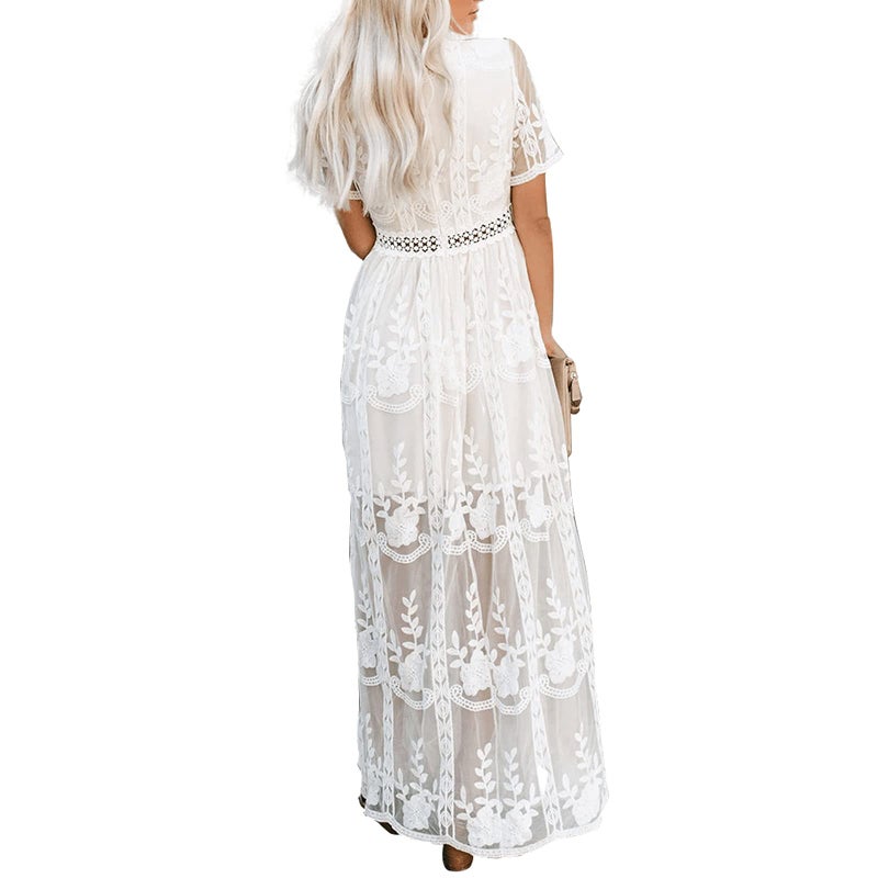 amropi Womens Deep V Neck Short Sleeve Floral Lace Dress Long Bridesmaid Maxi Dresses White,XL - Image 4
