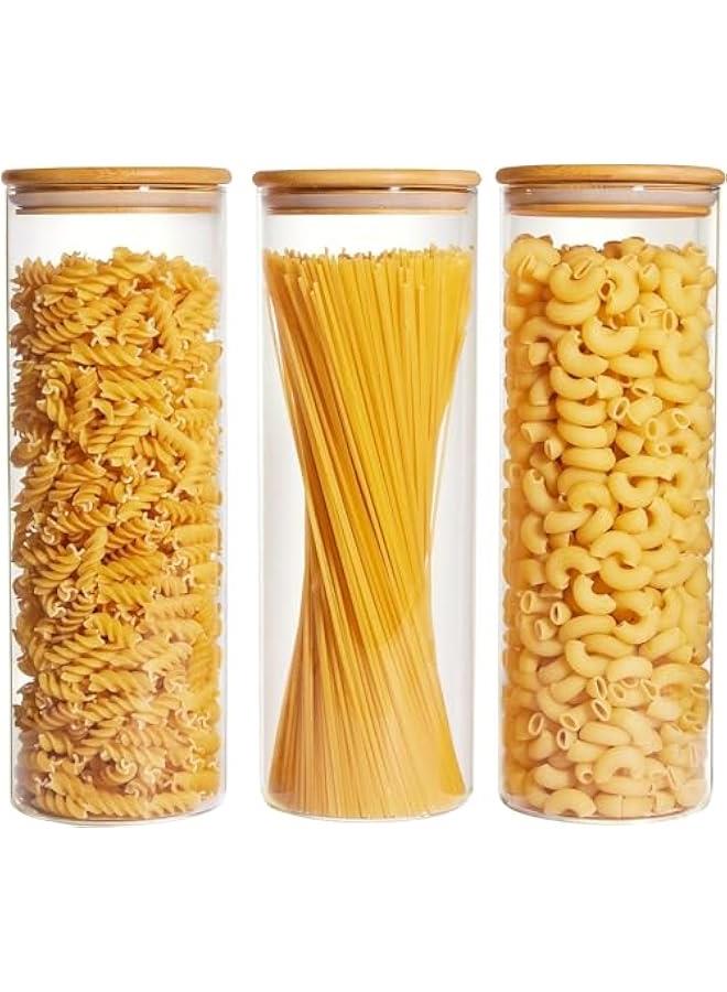 هوكور برطمانات تخزين طعام زجاجية سعة 77 اونصة من ساب وولف، مجموعة من 3 حاويات طعام كبيرة مع اغطية خشبية محكمة الغلق من الخيزران للمعكرونة والمكسرات والدقيق، علب زجاجية للمطبخ وتنظيم المؤن والتخزين، خالية - Image 1