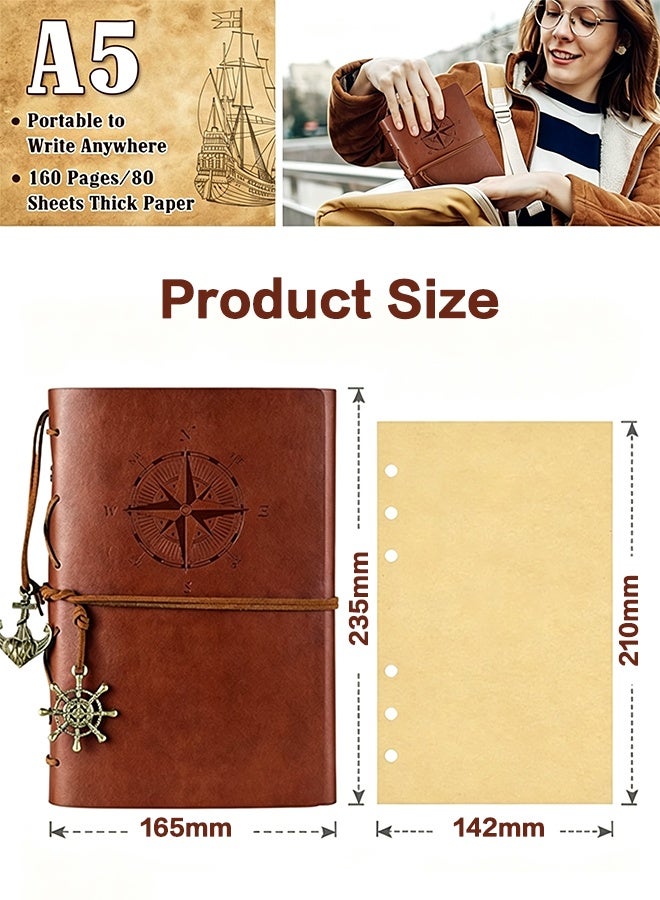 Organizer Leather Writing Journal Notebook, A5 Vintage Nautical Spiral Blank String Diary Notepad Sketchbook Travel to Write in, Unlined Paper, Retro Pendants, Classic Embossed, Coffee - Image 2