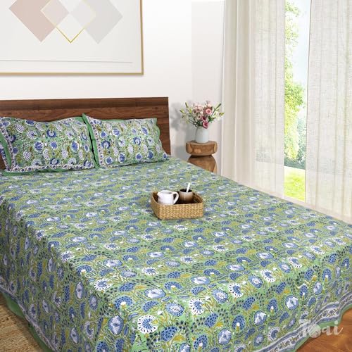 TOAI Bedsheet for Double Bed King Size 108" x 108" |100% Pure Cotton 210TC | Hand Block Printed Jaipuri Bedsheet | 2 Reversible Pillow Covers 18"x27" |Blue Green Florals - Image 1