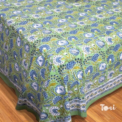 TOAI Bedsheet for Double Bed King Size 108" x 108" |100% Pure Cotton 210TC | Hand Block Printed Jaipuri Bedsheet | 2 Reversible Pillow Covers 18"x27" |Blue Green Florals - Image 4