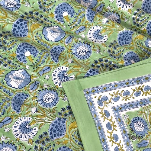 TOAI Bedsheet for Double Bed King Size 108" x 108" |100% Pure Cotton 210TC | Hand Block Printed Jaipuri Bedsheet | 2 Reversible Pillow Covers 18"x27" |Blue Green Florals - Image 2