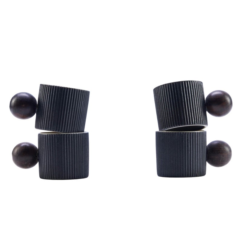 CLASGLAZ Ceramic Mini Espresso Cups Demitasse Cups with Round Wooden Handle Vertical Stripes Tea Cups (black, 4pcs) - Image 1