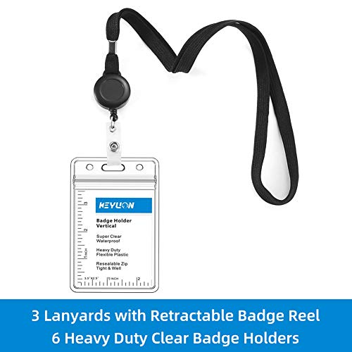 KEYLION Cruise Flat Lanyard with Retractable Badge Reel & Heavy Duty Clear Vertical ID Card Name Badge Holder (Black,3 Pack) - Image 2