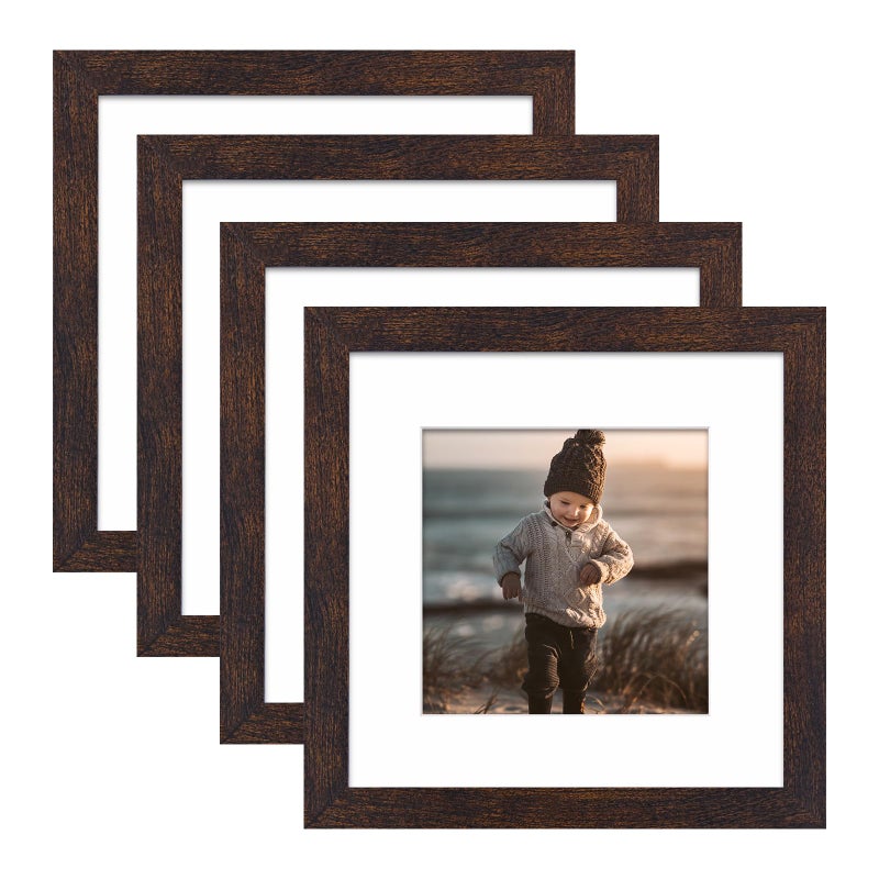 KINLINK 6x6 Picture Frames Brown  Square Photo Frames with Plexiglass for Picture 4x4 with Mat or 6x6 without Mat  Composite Wood Picture Frames for Table Top and Wall Mounting  Set of 4 - Image 1
