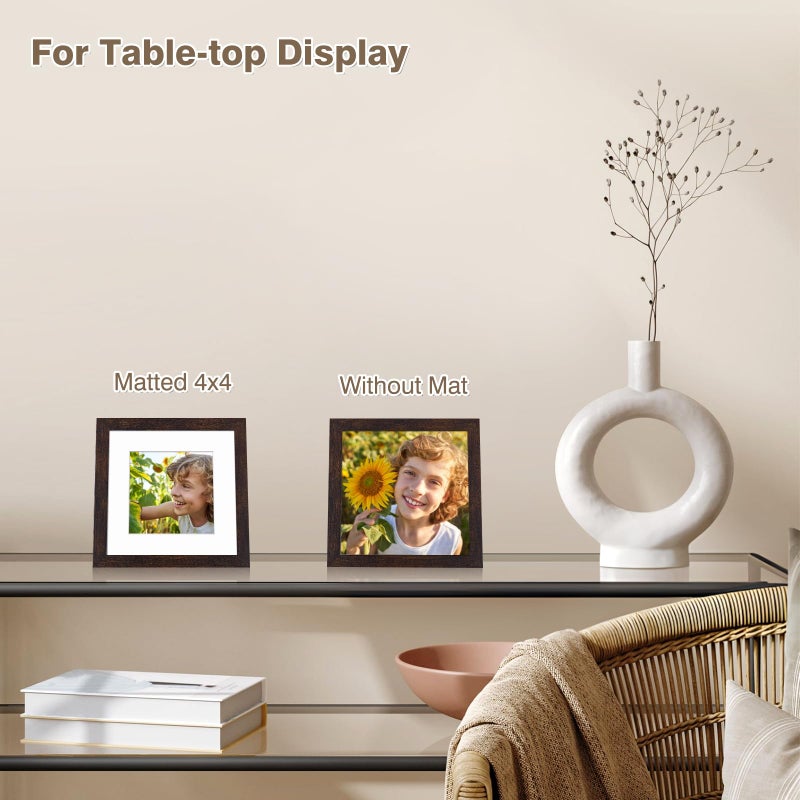 KINLINK 6x6 Picture Frames Brown  Square Photo Frames with Plexiglass for Picture 4x4 with Mat or 6x6 without Mat  Composite Wood Picture Frames for Table Top and Wall Mounting  Set of 4 - Image 5