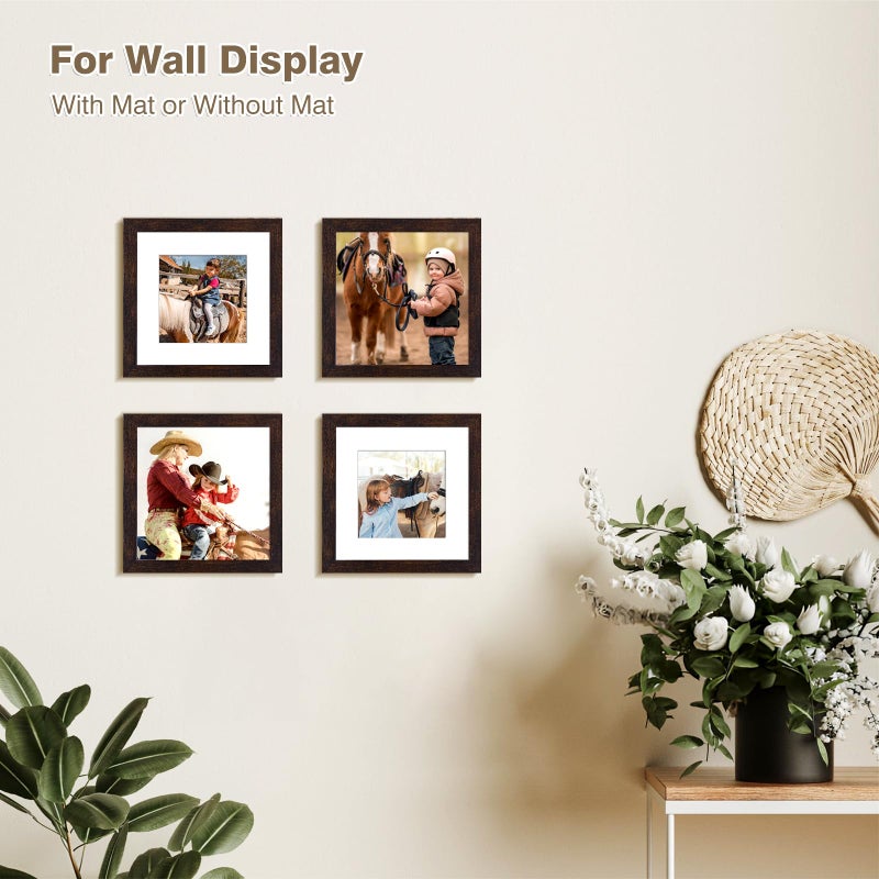 KINLINK 6x6 Picture Frames Brown  Square Photo Frames with Plexiglass for Picture 4x4 with Mat or 6x6 without Mat  Composite Wood Picture Frames for Table Top and Wall Mounting  Set of 4 - Image 4