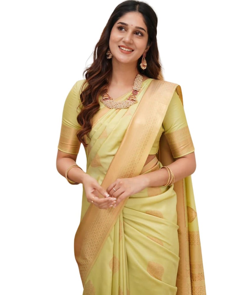 Vivatra Women Banarasi Soft Silk Saree | Jacquard Weaving with Rich Pallu & Border | Includ Matching Utitched Blouse Piece (VT-KP-6015-Yallow) - Image 4