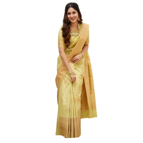 Vivatra Women Banarasi Soft Silk Saree | Jacquard Weaving with Rich Pallu & Border | Includ Matching Utitched Blouse Piece (VT-KP-6015-Yallow) - Image 1