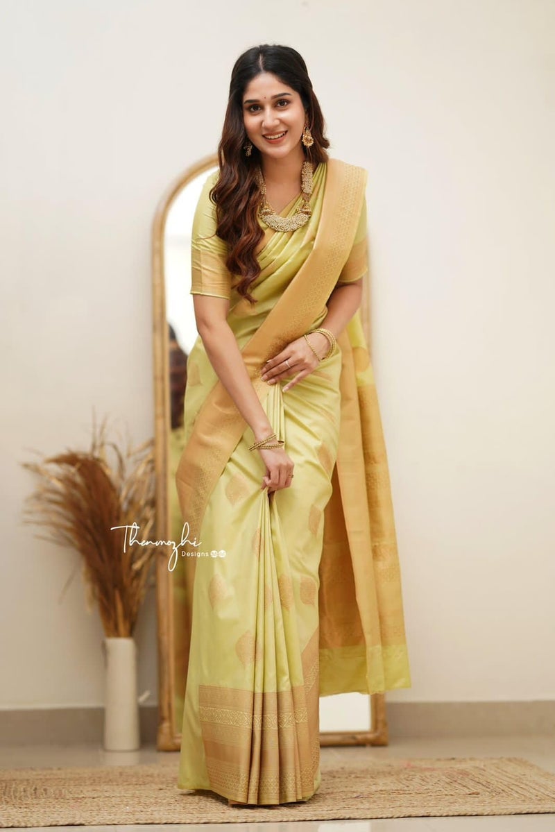 Vivatra Women Banarasi Soft Silk Saree | Jacquard Weaving with Rich Pallu & Border | Includ Matching Utitched Blouse Piece (VT-KP-6015-Yallow) - Image 3