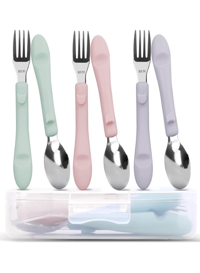 Bakpoco 6PCS Toddler Utensils, 316 Stainless Steel Baby Safe Forks + Spoons with Silicone Handle, BPA Free Dishwasher Safe Kids Silverware Cutlery with Box, Sage/Blush/Lilac - Image 1