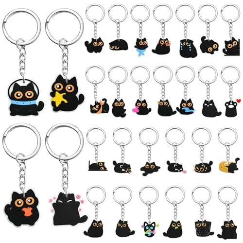Ibuclein 30Pcs Black Cat Keychains Bulk,DIY Cute Cat Keychain Charms,Animals Backpack Charms Decor for Girls,Cool Novelty Backpack Keychains ,Funny PVC Key Ring ,Prize Box for Classroom and Party Favors gifts - Image 1