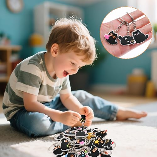 Ibuclein 30Pcs Black Cat Keychains Bulk,DIY Cute Cat Keychain Charms,Animals Backpack Charms Decor for Girls,Cool Novelty Backpack Keychains ,Funny PVC Key Ring ,Prize Box for Classroom and Party Favors gifts - Image 3