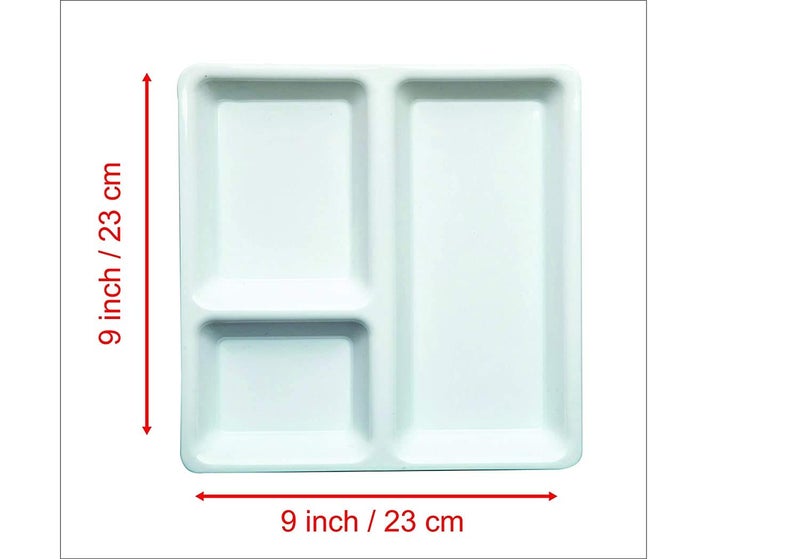 URMILA PLASTIC® Food-Grade Plastic 3 in 1 Compartments Pav Bhaji Plate Dinner Plates Serving Plates White Set of 12 - Image 3