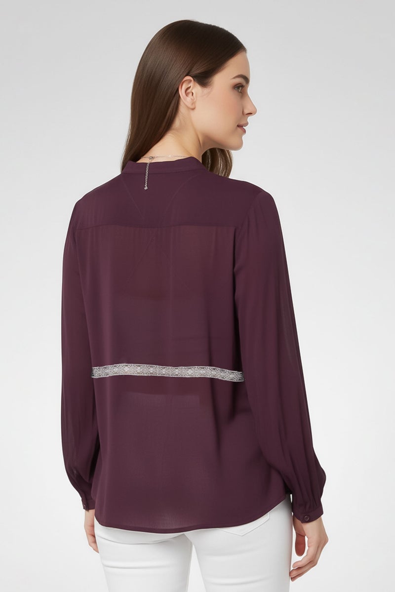 Harmont & Blaine Women Split Neck Embroidered Long Sleeve Blouse, Deep Purple - Image 2