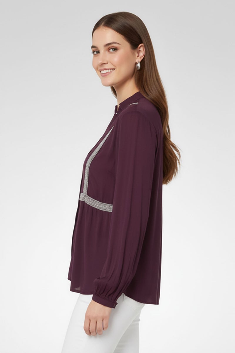 Harmont & Blaine Women Split Neck Embroidered Long Sleeve Blouse, Deep Purple - Image 3
