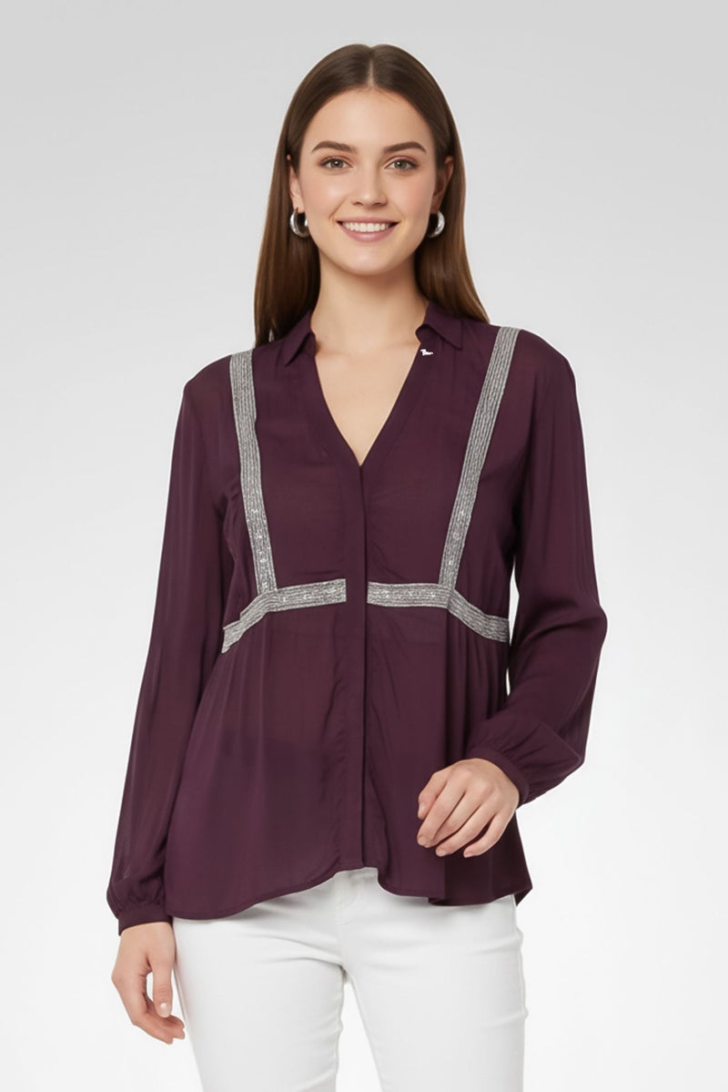 Harmont & Blaine Women Split Neck Embroidered Long Sleeve Blouse, Deep Purple - Image 1