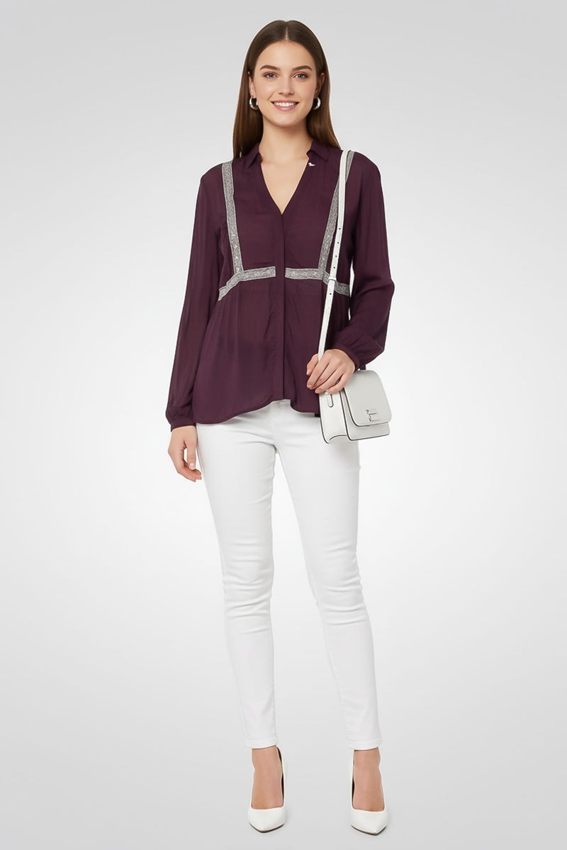 Harmont & Blaine Women Split Neck Embroidered Long Sleeve Blouse, Deep Purple - Image 4