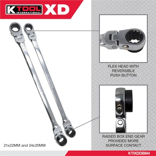 K-Tool International K Tool International XDDBM4 2 Piece Metric Reversible Double Box Ratcheting Wrench Set for Garages, Repair Shops, DIY, Universal Spline, 90 Tooth, 180 Degree Flex Head, Raised Box, 21, 22, 24, 25MM - Image 2