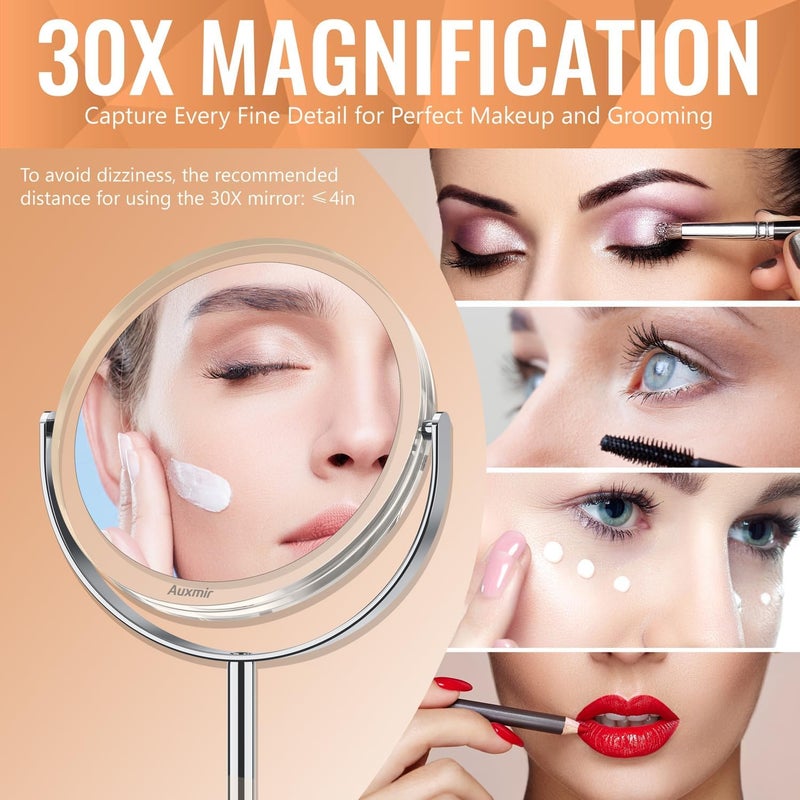 Auxmir 8" Large Double Sided 1X/30X Magnifying Makeup Vanity Mirror, 360° Swivel Tabletop Mirror for Precision Grooming, Shaving & Skincare - Image 4