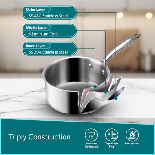 Vaya Hautechef Triply Stainless Steel Sauce pan, Tea pan 16cm, 1.5L – Induction & Gas Compatible, Durable & Non-Toxic Cookware for Milk, Tea, and Sauces, Mirror Finish - Image 2