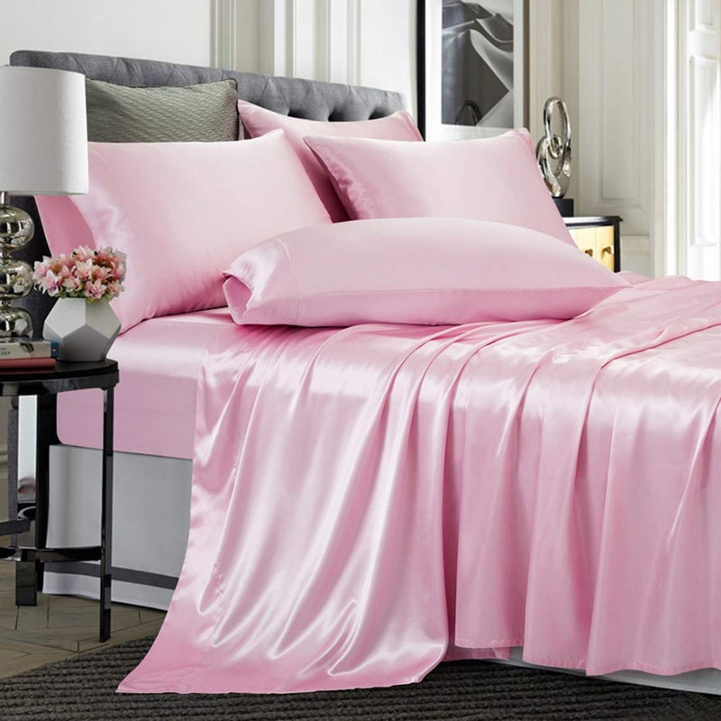 TREELY 4 Piece Satin Sheets Twin Size  Silky Smooth Pink Sheet Set With Deep Pocket Fitted Sheet Flat Sheet 2 Pillowcases