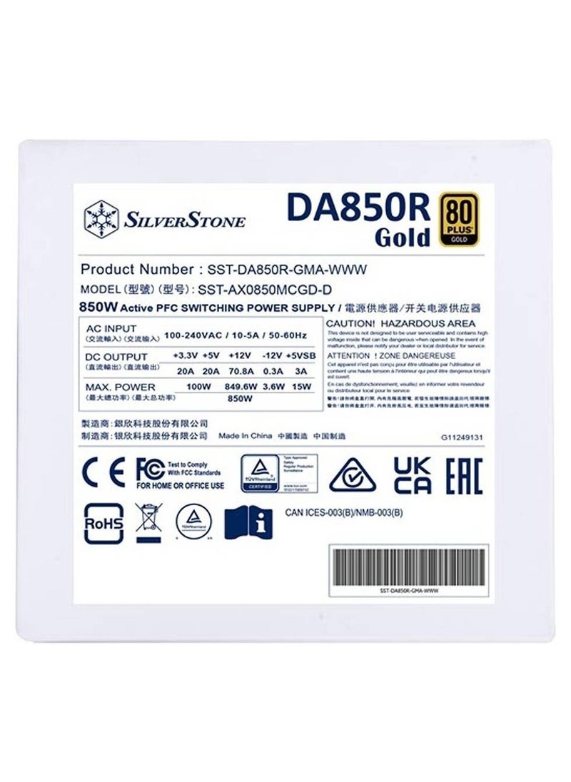 SilverStone Technology - DA850R Fully Modular Power Supply, 80 PLUS Gold, 850W ATX 3.0 & PCIe 5.0, Active PFC, Silent 120mm Fan, Advanced Protections, 12V-2x6 PCIe Connector, White | SST-DA850R-GMA-WWW - Image 1