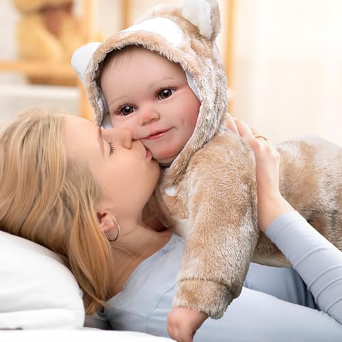 BABESIDE Reborn Baby Doll Clothes Set for 17-22 Inch Dolls Accessories, Cute Bear Baby Doll Clothes Onesie with Hat for Realistic Baby Dolls Girls & Boys, Khaki - Image 5