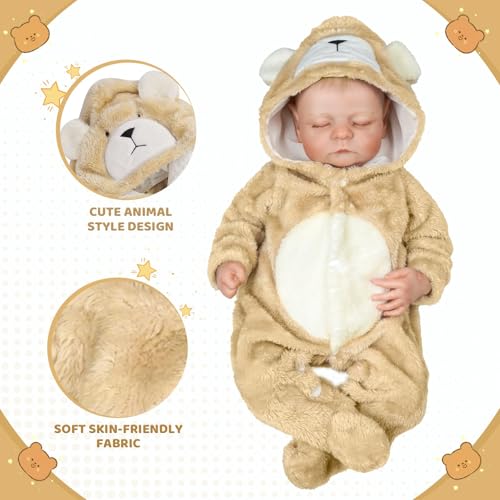 BABESIDE Reborn Baby Doll Clothes Set for 17-22 Inch Dolls Accessories, Cute Bear Baby Doll Clothes Onesie with Hat for Realistic Baby Dolls Girls & Boys, Khaki - Image 3