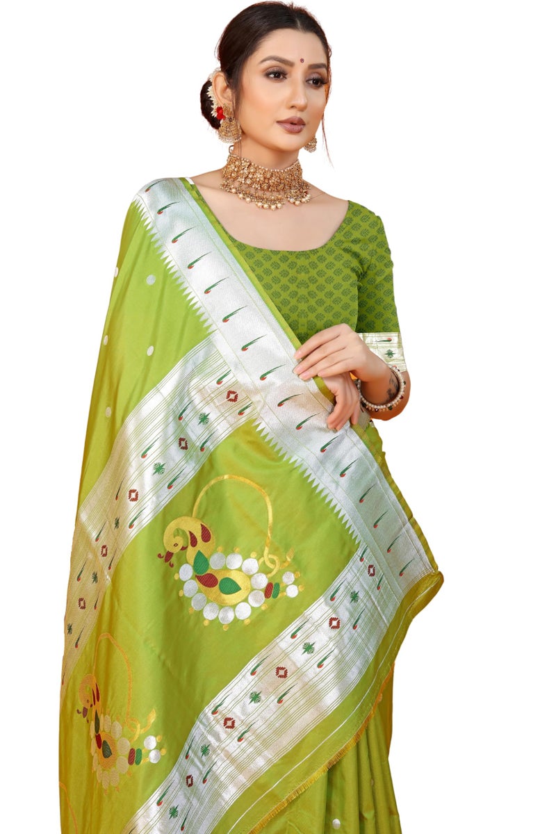 AMIRAT CLOTHING Women's Paithani Litchi Silk Saree With Unstiched Blouse Piece (Nath Paithani) (perrot Green) - Image 1