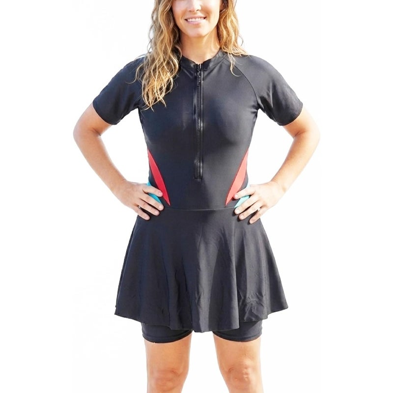 Womens floral one-piece swim dress with built-in shorts for beach and pool use, polyester-spandex blend, navy blue with white blooms, UPF 50+ sun protection and secure fit - Image 4