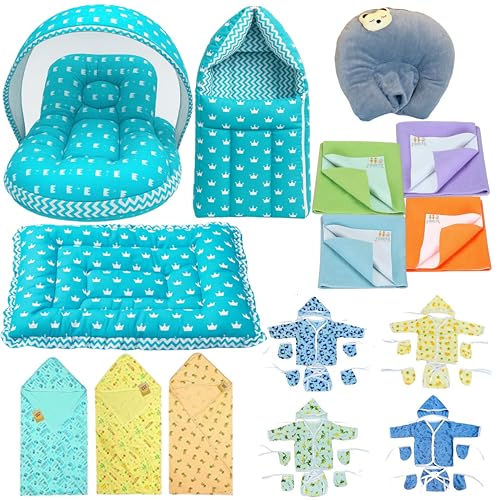 Infantbond by fareto Newborn Baby Bedding Essentials | Daily Needs Items | Hopsital kit Ready Combo | Baby Products All (Pack of 32) (0-6months)(Blue Crown) - Image 1
