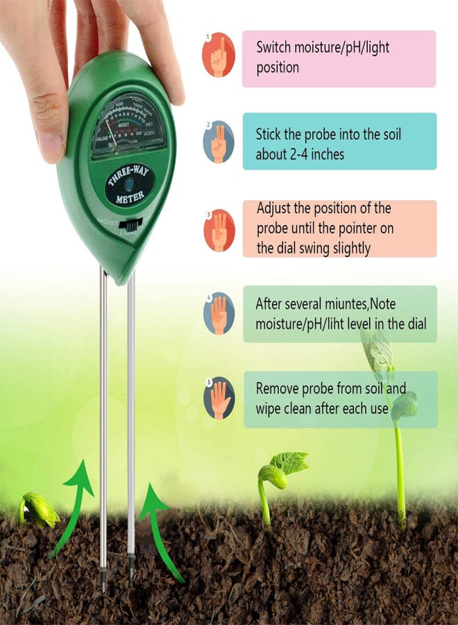 Generic Soil pH Meter 3-in-1 Soil Tester with Light pH Meter Gardening Tool for Farm Lawn Indoor Outdoor No Battery Needed Dark Green  - Image 4