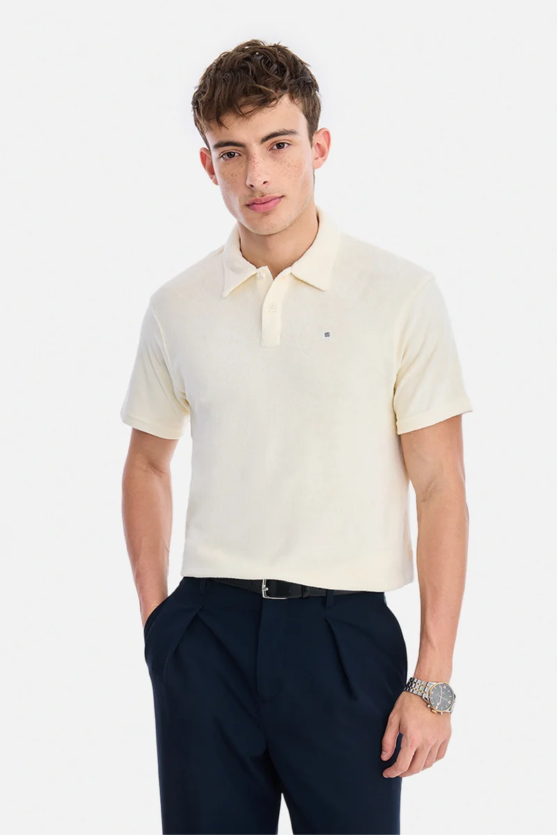 Cream Solid Short Sleeve Regular Fit Casual T-Shirt