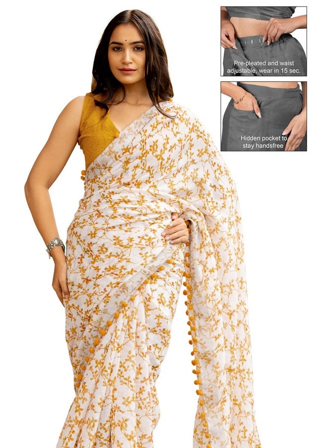 MIRCHI FASHION Women Pocket Ready to Wear Cotton Blend Leaf Printed Readymade 1 Min Pre-Draped Saree with Blouse Piece (R44291 - White, Mustard Yellow) - Image 2