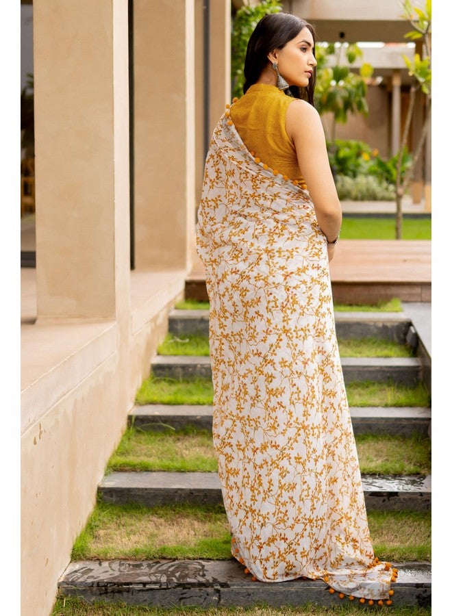 MIRCHI FASHION Women Pocket Ready to Wear Cotton Blend Leaf Printed Readymade 1 Min Pre-Draped Saree with Blouse Piece (R44291 - White, Mustard Yellow) - Image 5